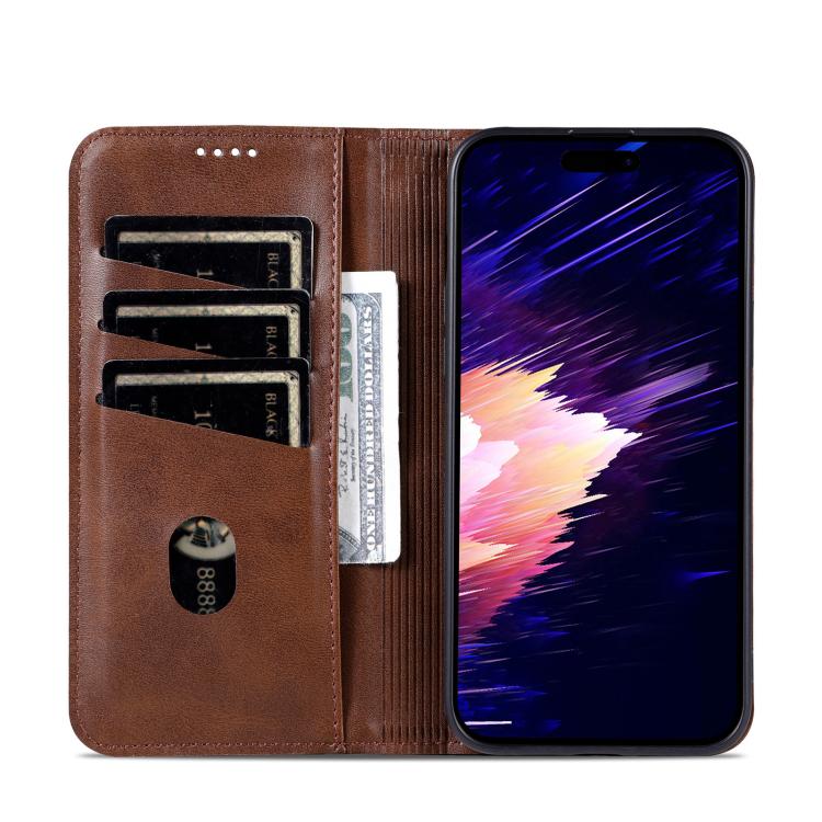 Pour iPhone 17e / 16e AZNS Coque de téléphone en cuir à rabat texturé magnétique en veau (marron foncé)