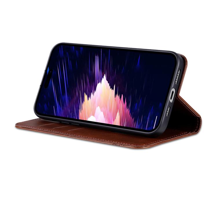 Pour iPhone 17e / 16e AZNS Coque de téléphone en cuir à rabat texturé magnétique en veau (marron foncé)