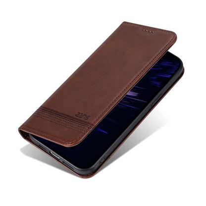 Pour iPhone 17e / 16e AZNS Coque de téléphone en cuir à rabat texturé magnétique en veau (marron foncé)