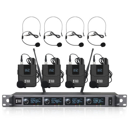 XTUGA A140-B Wireless Microphone System 4 BodyPack Headset Lavalier Microphone(UK Plug)