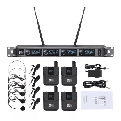 XTUGA A140-B Wireless Microphone System 4 BodyPack Headset Lavalier Microphone(US Plug)