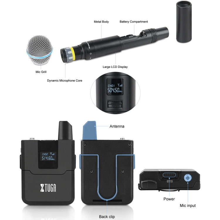 XTUGA A140-B Wireless Microphone System 4 BodyPack Headset Lavalier Microphone(UK Plug)