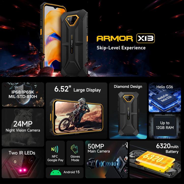[HK Warehouse] Ulefone Armor X13, 6 Go+64 Go, téléphone robuste IP68/IP69K, Android 15 MediaTek Helio G36 Octa Core de 6,52 pouces, réseau: 4G, NFC, OTG(Orange partiel)