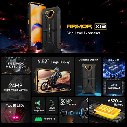 [HK Warehouse] Ulefone Armor X13, 6 Go+64 Go, téléphone robuste IP68/IP69K, Android 15 MediaTek Helio G36 Octa Core de 6,52 pouces, réseau: 4G, NFC, OTG(Orange partiel)