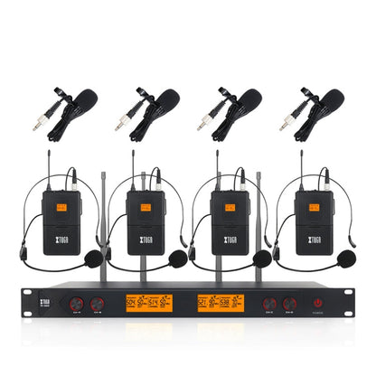 XTUGA A400-B Professional 4-Channel UHF Wireless Microphone System with 4 BodyPack Lavalier Headset Microphone(AU Plug)