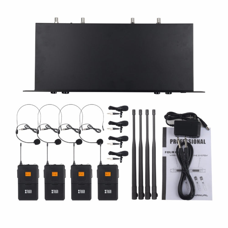 XTUGA A400-B Professional 4-Channel UHF Wireless Microphone System with 4 BodyPack Lavalier Headset Microphone(US Plug)