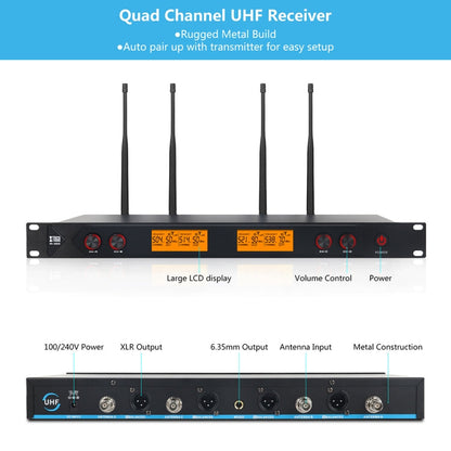XTUGA A400-B Professional 4-Channel UHF Wireless Microphone System with 4 BodyPack Lavalier Headset Microphone(US Plug)