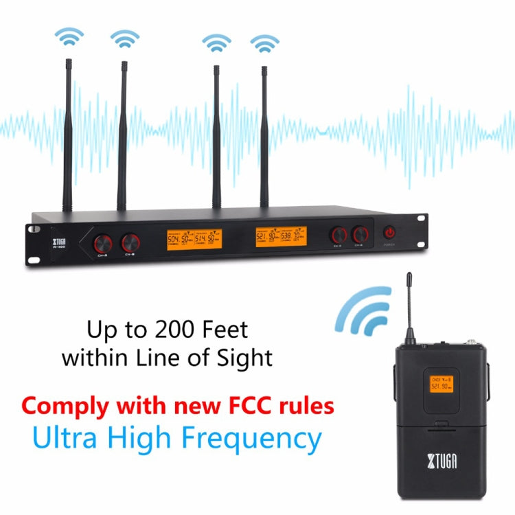 XTUGA A400-B Professional 4-Channel UHF Wireless Microphone System with 4 BodyPack Lavalier Headset Microphone(US Plug)