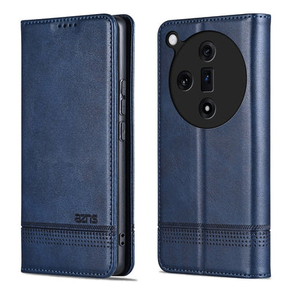 Pour l'étui de téléphone en cuir à rabat magnétique texturé en veau AZNS pour OPPO Find X7 (Bleu foncé)