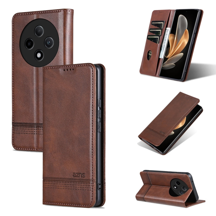 For OPPO A3 Pro 5G AZNS Magnetic Calf Texture Flip Leather Phone Case(Dark Brown)