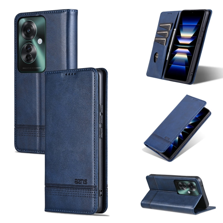 Pour OPPO Reno11 F AZNS Étui de téléphone en cuir à rabat texturé veau magnétique (bleu foncé)
