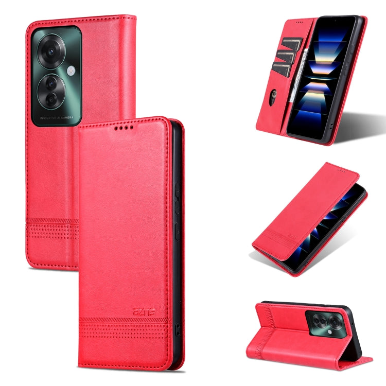 Pour OPPO Reno11 F AZNS Étui de téléphone en cuir à rabat texturé veau magnétique (Rouge)
