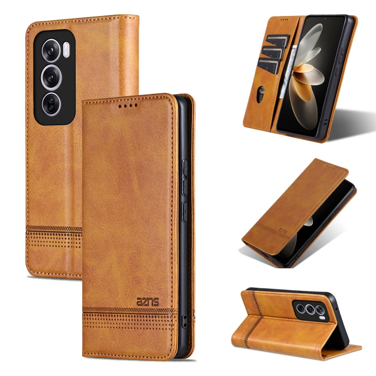 Pour étui de téléphone en cuir rabattable avec texture de veau magnétique AZNS pour OPPO Reno12 Pro Global (marron clair)