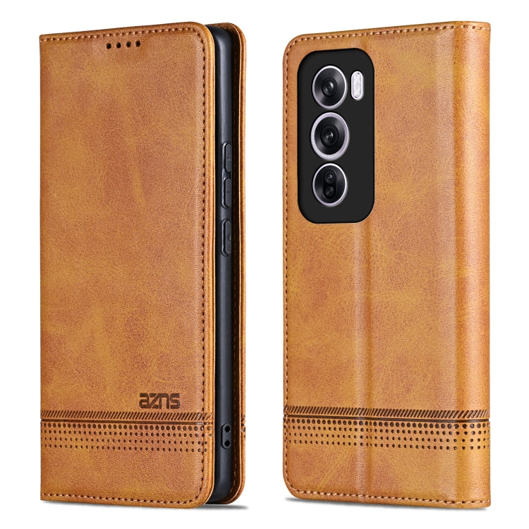 Pour étui de téléphone en cuir rabattable avec texture de veau magnétique AZNS pour OPPO Reno12 Pro Global (marron clair)