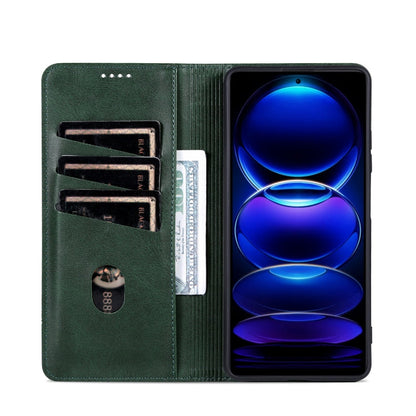 For OPPO A3x 4G AZNS Magnetic Calf Texture Flip Leather Phone Case(Dark Green)