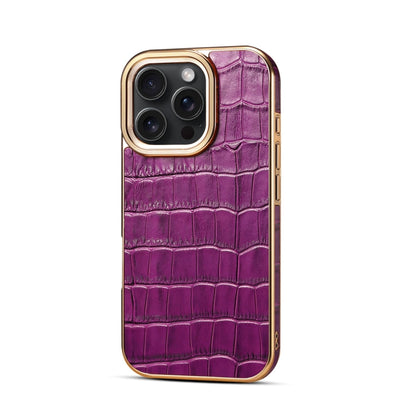 Pour iPhone 16 Pro, étui de téléphone en cuir véritable à texture crocodile, avec placage électrolytique (violet)