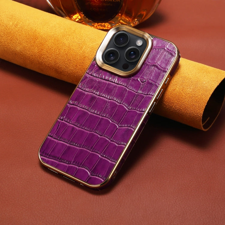 Pour iPhone 16 Pro, étui de téléphone en cuir véritable à texture crocodile, avec placage électrolytique (violet)