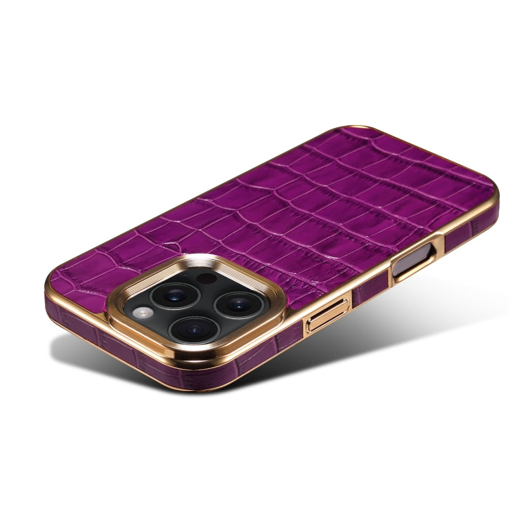 Pour iPhone 16 Pro, étui de téléphone en cuir véritable à texture crocodile, avec placage électrolytique (violet)