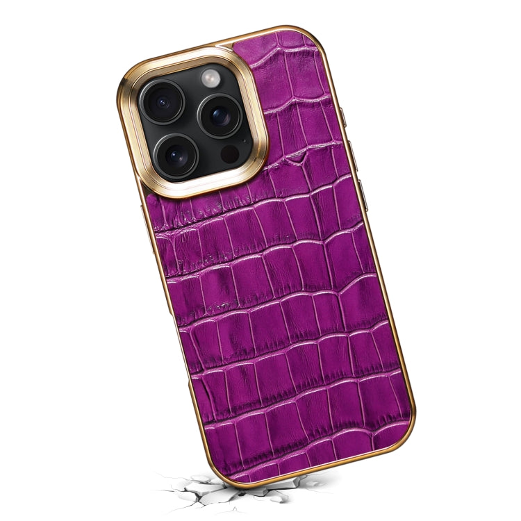 Pour iPhone 16 Pro, étui de téléphone en cuir véritable à texture crocodile, avec placage électrolytique (violet)