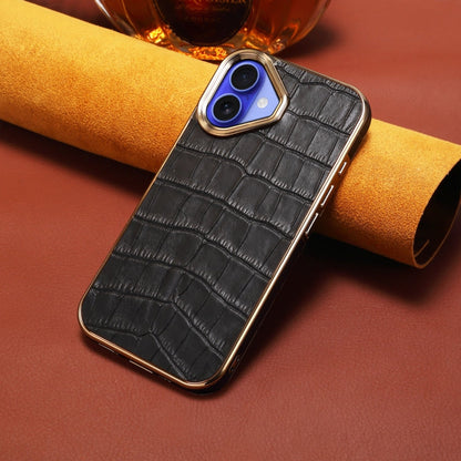Pour iPhone 16 Plus Étui de téléphone en cuir véritable avec texture crocodile Denior et galvanoplastie (noir)