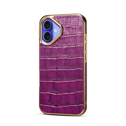 Pour iPhone 16 Coque de Téléphone en Cuir Véritable avec Texture Crocodile et Galvanoplastie (Violet)