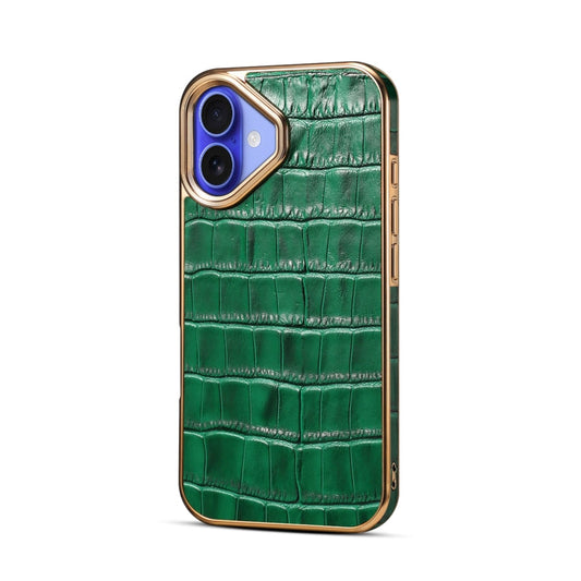 Pour iPhone 16 Étui de téléphone en cuir véritable à texture crocodile avec galvanoplastie (vert)