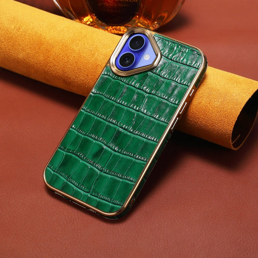 Pour iPhone 16 Étui de téléphone en cuir véritable à texture crocodile avec galvanoplastie (vert)