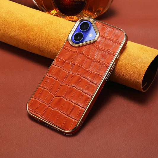 Pour iPhone 16 Étui de téléphone en cuir véritable texturé crocodile Denior galvanisé (marron mocca)