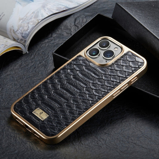 For iPhone 16 Pro Max Fierre Shann Python Texture Electroplating PU Phone Case(Black)
