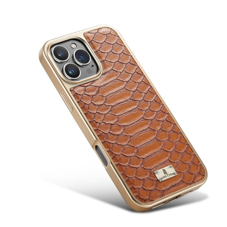 For iPhone 16 Pro Max Fierre Shann Python Texture Electroplating PU Phone Case(Brown)