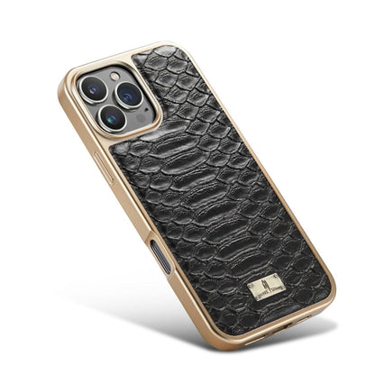 For iPhone 16 Pro Fierre Shann Python Texture Electroplating PU Phone Case(Black)