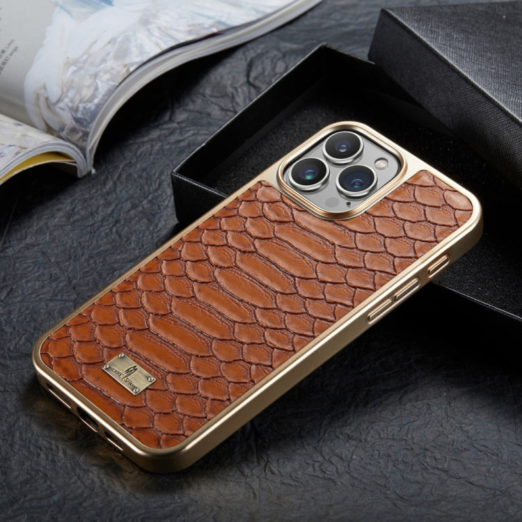 For iPhone 16 Pro Fierre Shann Python Texture Electroplating PU Phone Case(Brown)