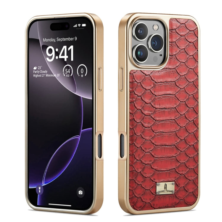 Pour iPhone 16 Pro, étui de téléphone en cuir PU texturé python avec galvanoplastie Fierre Shann (rouge)