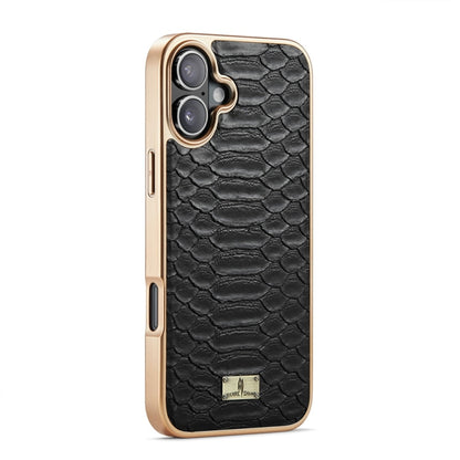 For iPhone 16 Plus Fierre Shann Python Texture Electroplating PU Phone Case(Black)