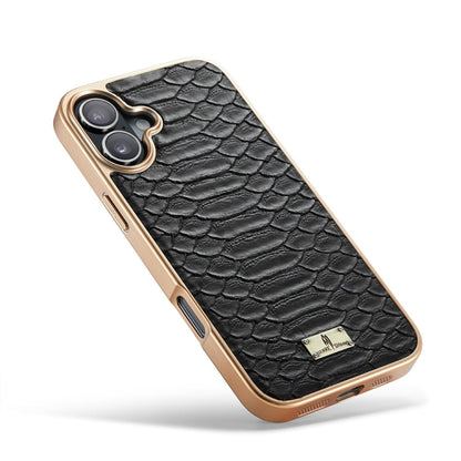 For iPhone 16 Plus Fierre Shann Python Texture Electroplating PU Phone Case(Black)