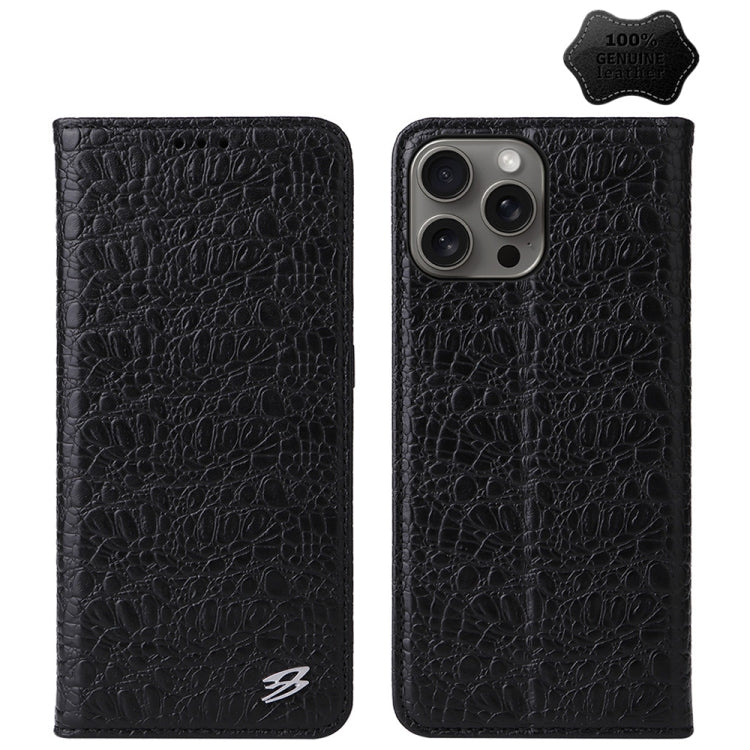 Pour iPhone 16 Pro Max Fierre Shann Coque de Téléphone en Cuir Véritable Magnétique Texture Crocodile (Noir)