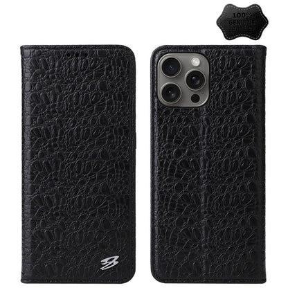 Pour iPhone 16 Pro Max Fierre Shann Coque de Téléphone en Cuir Véritable Magnétique Texture Crocodile (Noir)