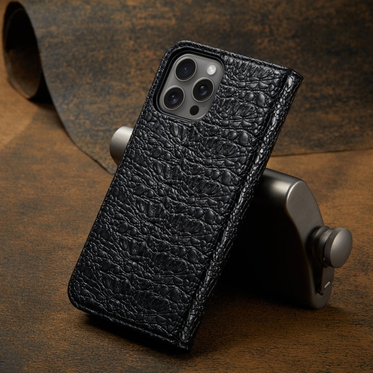 Pour iPhone 16 Pro Max Fierre Shann Coque de Téléphone en Cuir Véritable Magnétique Texture Crocodile (Noir)