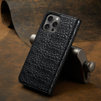 Pour iPhone 16 Pro Max Fierre Shann Coque de Téléphone en Cuir Véritable Magnétique Texture Crocodile (Noir)