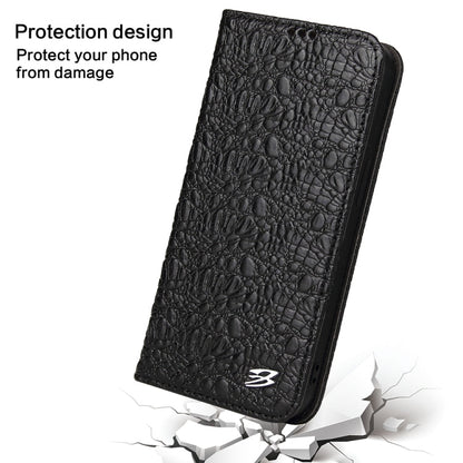 Pour iPhone 16 Pro Max Fierre Shann Coque de Téléphone en Cuir Véritable Magnétique Texture Crocodile (Noir)