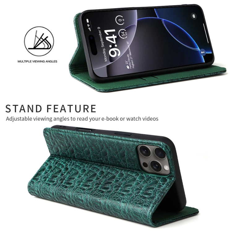 For iPhone 16 Pro Max Fierre Shann Crocodile Texture Magnetic Genuine Leather Phone Case(Green)