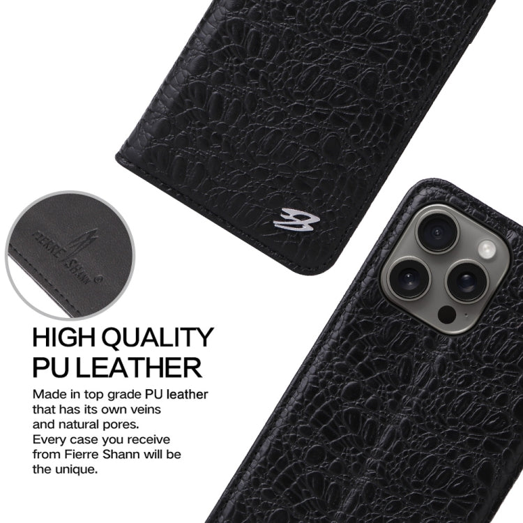 For iPhone 16 Pro Fierre Shann Crocodile Texture Magnetic Genuine Leather Phone Case(Black)
