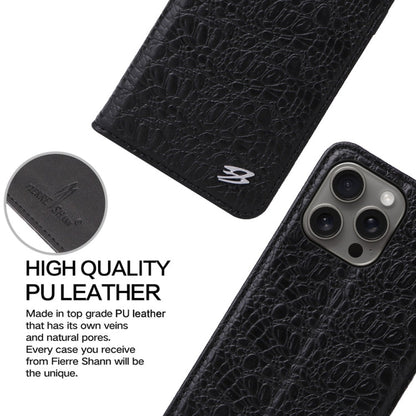 For iPhone 16 Pro Fierre Shann Crocodile Texture Magnetic Genuine Leather Phone Case(Black)