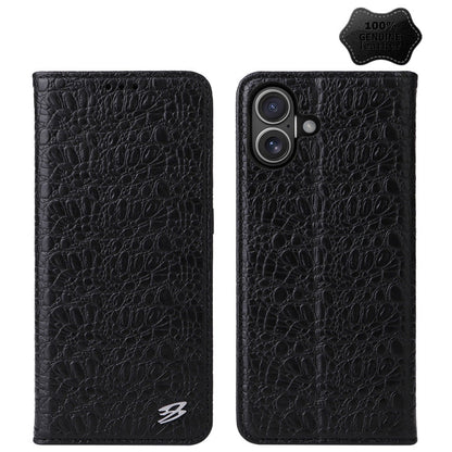 For iPhone 16 Plus Fierre Shann Crocodile Texture Magnetic Genuine Leather Phone Case(Black)