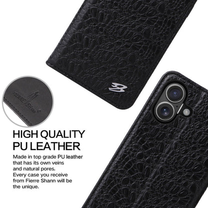For iPhone 16 Plus Fierre Shann Crocodile Texture Magnetic Genuine Leather Phone Case(Black)