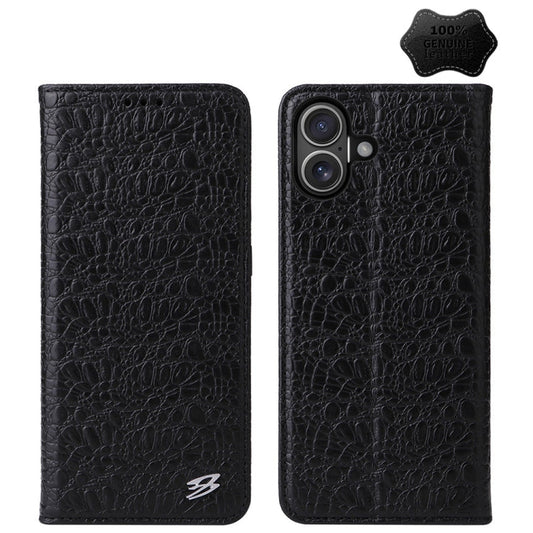 For iPhone 16 Fierre Shann Crocodile Texture Magnetic Genuine Leather Phone Case(Black)