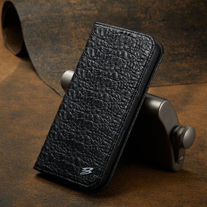 For iPhone 16 Fierre Shann Crocodile Texture Magnetic Genuine Leather Phone Case(Black)