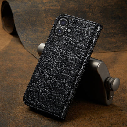 For iPhone 16 Fierre Shann Crocodile Texture Magnetic Genuine Leather Phone Case(Black)