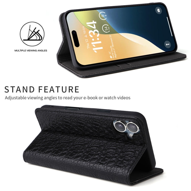 For iPhone 16 Fierre Shann Crocodile Texture Magnetic Genuine Leather Phone Case(Black)