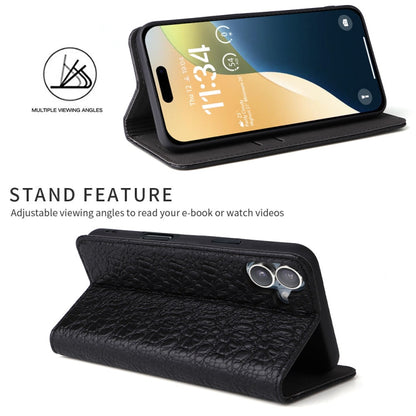 For iPhone 16 Fierre Shann Crocodile Texture Magnetic Genuine Leather Phone Case(Black)